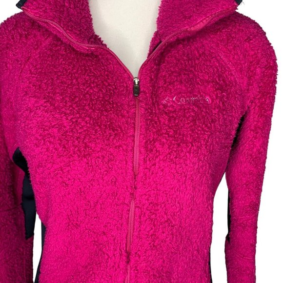 Columbia Full Zip Fleece Jacket Size Large Hot Pink Black Inserts 2 Zip Pockets - Picture 2 of 9